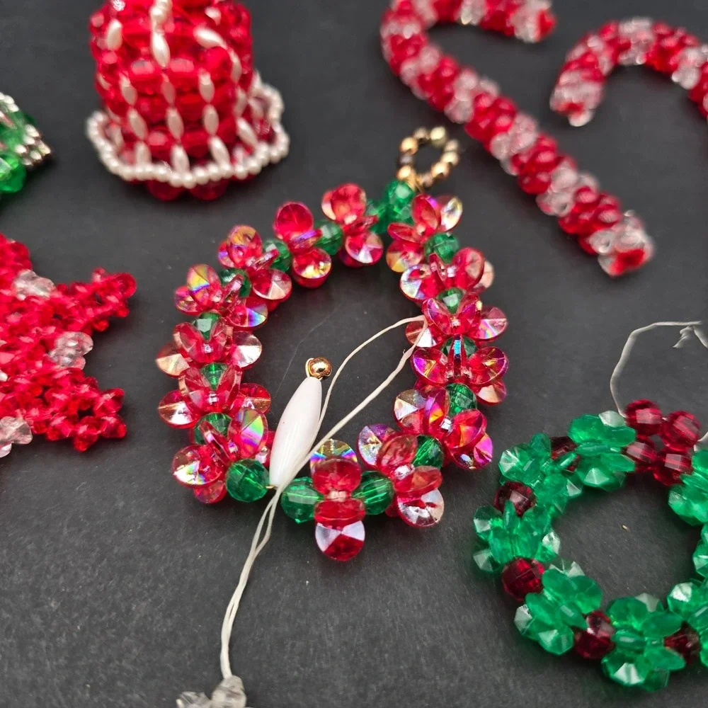 Vintage Handmade Beaded Christmas Ornaments Lot Wreaths Candy Canes Snowflakes